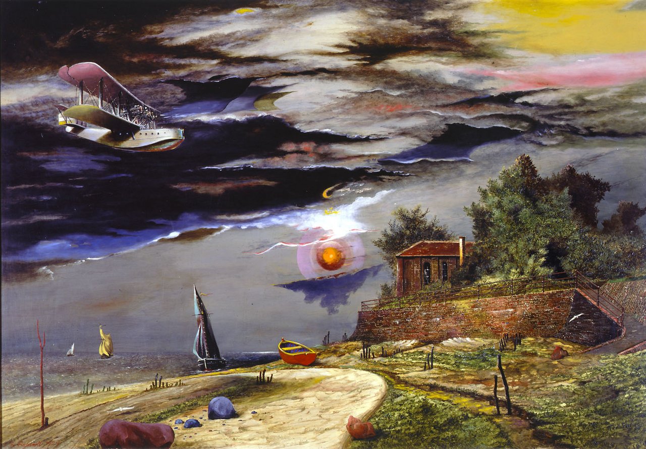 Franz Radziwill, Strand von Dangast mit Flugboot, 1929, Gemälde, Öl auf Leinwand auf Holz