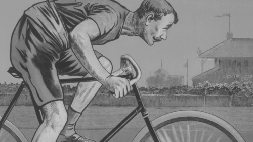 Ausschnitt aus dem Plakat „Rennbahn d. R.D.O. v. 1884” (1897), das einen Radfahrer beim Rennen zeigt