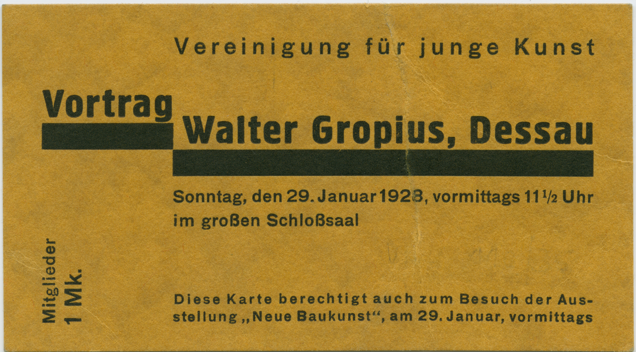 Eintrittskarte der Vereinigung für junge Kunst zum Vortrag von Walter Gropius in Oldenburg, 1928