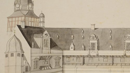 Unbekannter Künstler, Aufriss des Oldenburger Schlosses (Hofansicht) mit Schnitt- und Grundriss des 2. Obergeschosses, Grafik, Federzeichnung