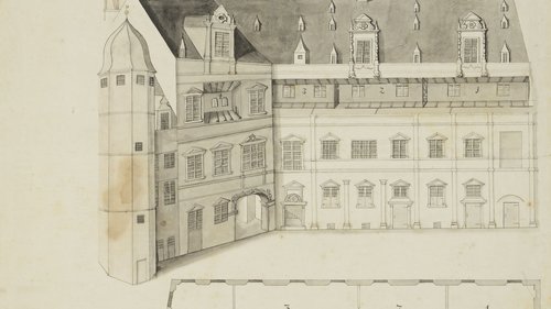 Unbekannter Künstler, Aufriss des Oldenburger Schlosses (Hofansicht) mit Schnitt- und Grundriss des 2. Obergeschosses, Grafik, Federzeichnung