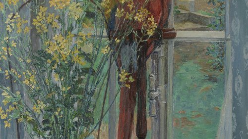 Heinrich Vogeler, Blumenstillleben mit Papagei am Fenster, 1906, Gemälde, Öl auf Leinwand
