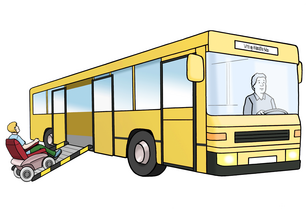 Illustration: Ein gelber Bus, in den hinten ein Rollstuhlfahrer einsteigt.