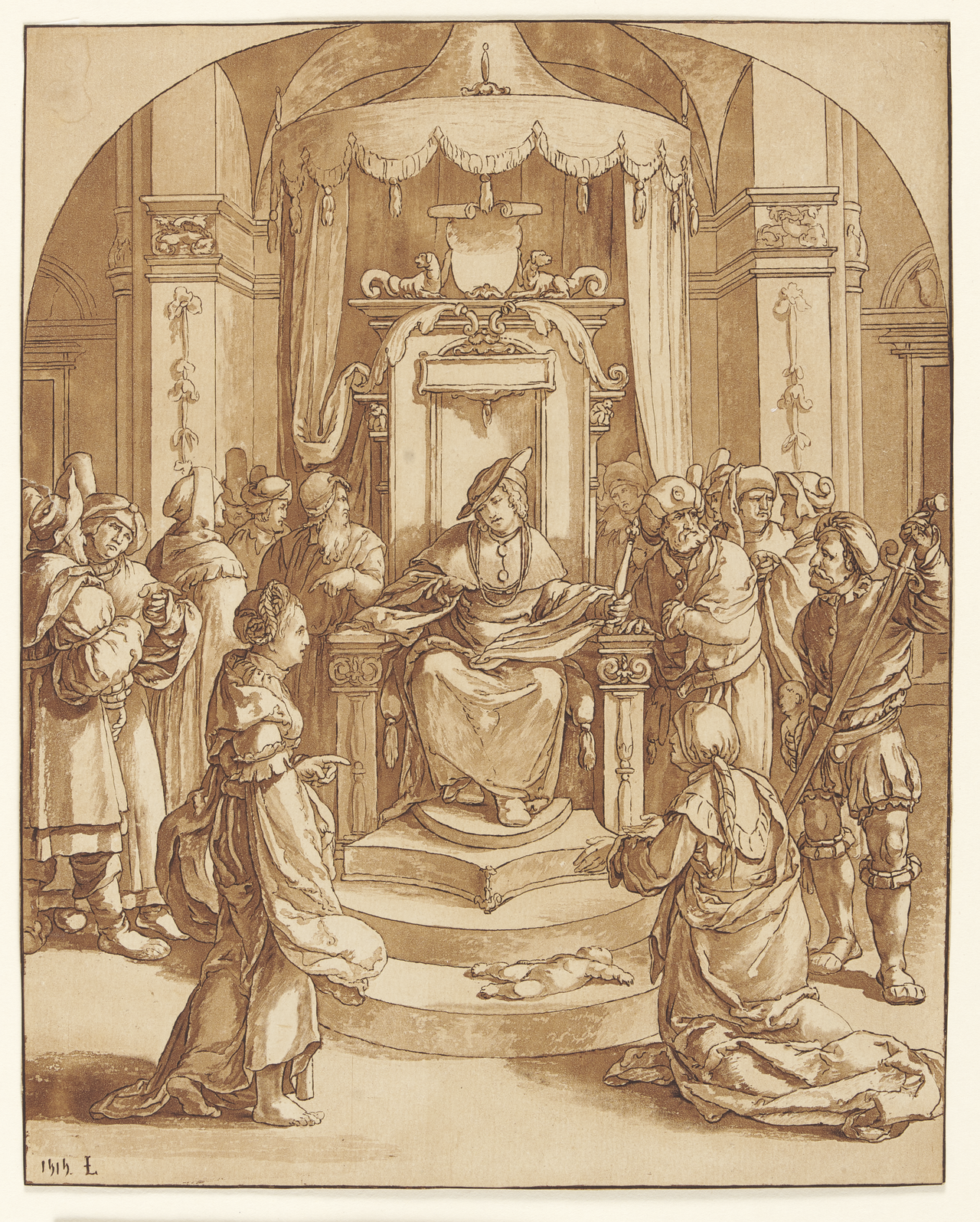 Cornelis Ploos van Amstel und Cornelis Brouwer (nach einer Zeichnung von Lucas van Leyen), Das Urteil Salomons, 1787, Grafik, Radierung
