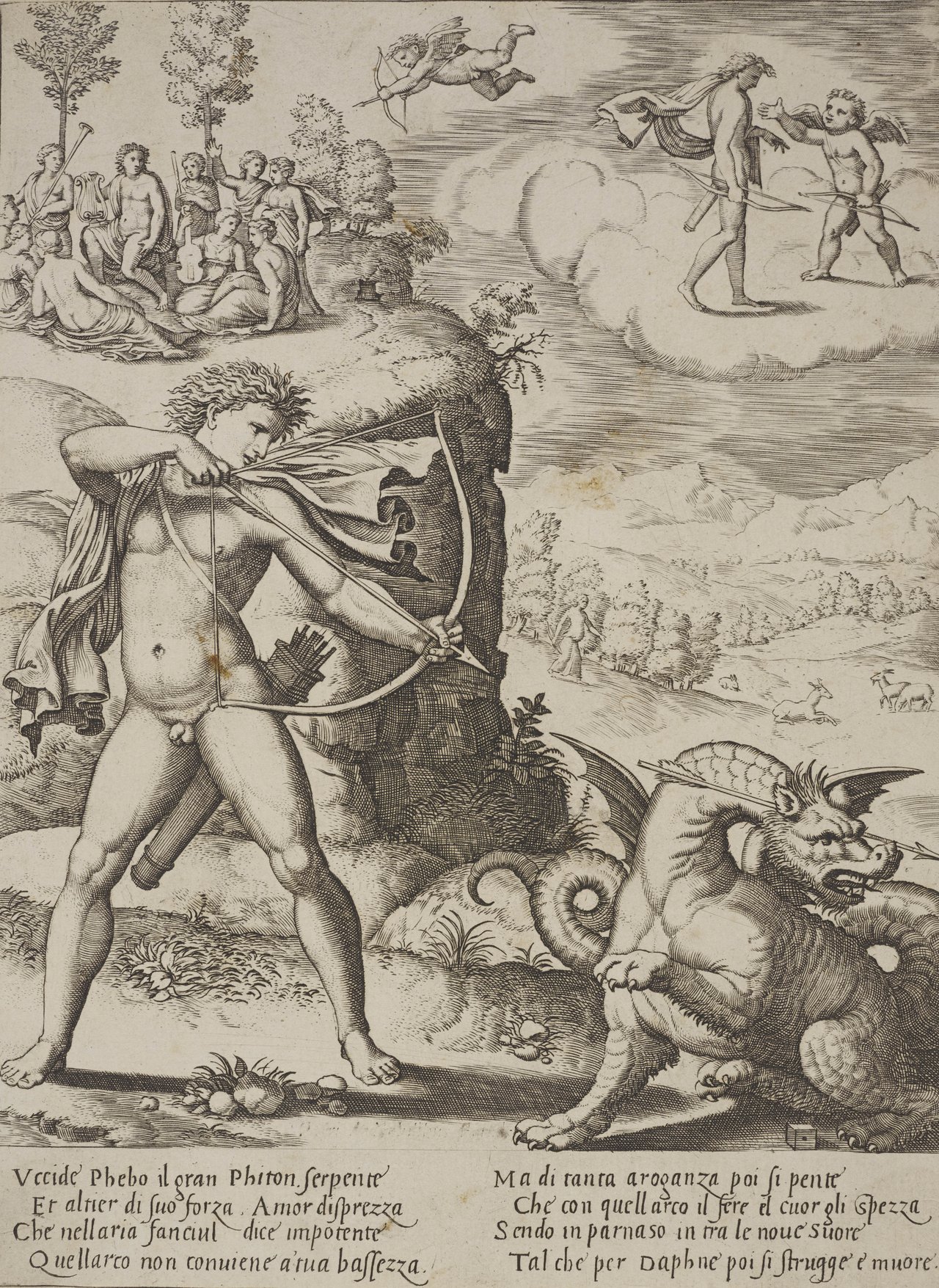 Meister B mit dem Würfel, Apollo tötet die Schlange, Mitte 16. Jahrhundert, Kupferstich