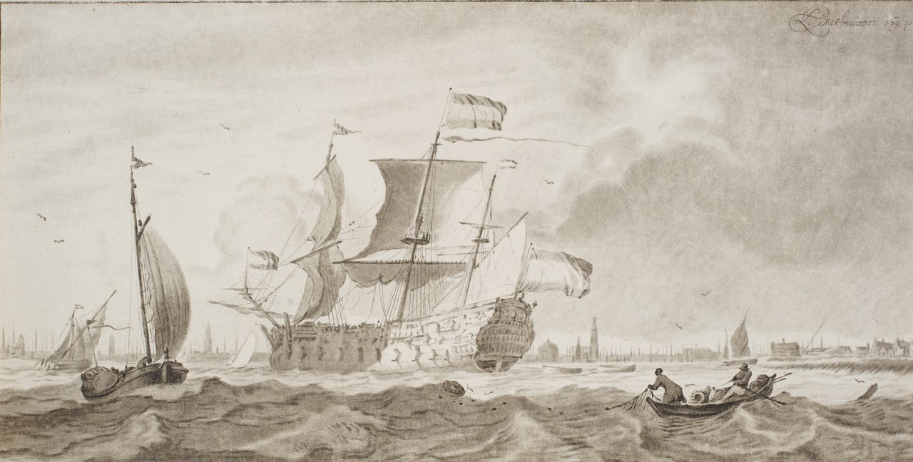 Cornelis Ploos van Amstel und Bernardus Schreuder (nach Ludolf Bakhuizen), Schiffe vor dem Hafen Amsterdams, 1768, Radierung, Roulette auf Papier