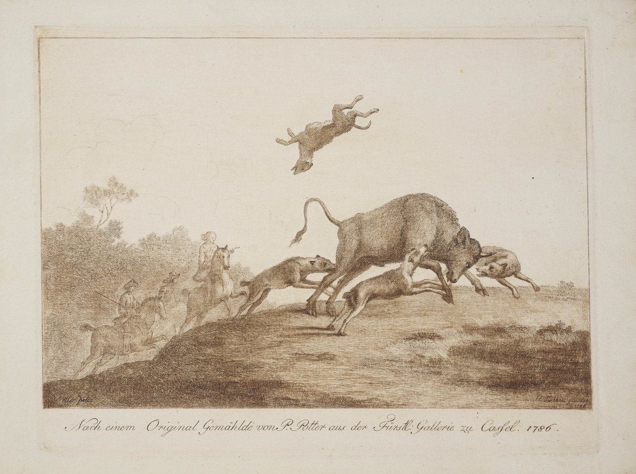 J.H. Tischbein d.J., Büffeljagd (nach einem Gemälde von Paulus Potter und Cornelis van Poelenburch), 1786