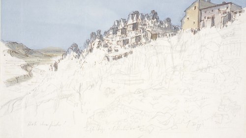 Alfred Mahlau, Castel San Pietro Romano, 1958, Grafik, Aquarell, Bleistift, braune Feder auf Japanpapier
