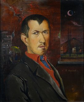 Franz Radziwill, Selbstbildnis mit roter Bluse, 1930, Gemälde, Öl auf Holz