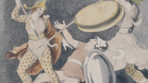 Johann Heinrich Wilhelm Tischbein, Kämpfende Amazonen, 1795–1799, Grafik, Aquarell und Feder über Blei auf Papier