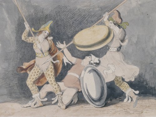 Johann Heinrich Wilhelm Tischbein, Kämpfende Amazonen, 1795 bis 1799, Aquarell und Feder über Blei auf Papier